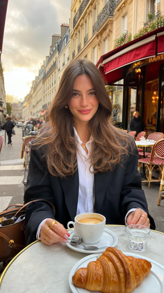 Woman with long brown hair at an outdoor cafe with coffee and a croissant