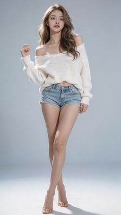 Woman in an off-shoulder sweater and denim shorts posing barefoot in a studio