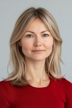 Woman with blonde hair and brown eyes wearing a red shirt