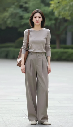 Woman with short hair wearing a long sleeve shirt and wide leg pants outdoors