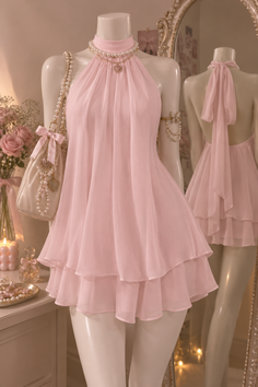 Pink halter neck dress on a mannequin with pearl accessories and soft lighting