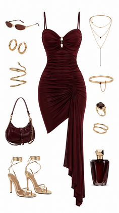 Maroon dress with gold accessories, high heels, handbag, sunglasses, and perfume