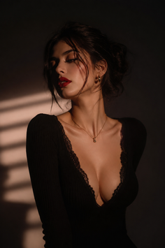 Woman in a black top with red lipstick and dramatic lighting