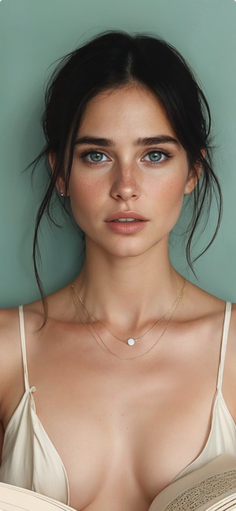 Woman with dark hair and green eyes wearing a spaghetti strap top and necklace