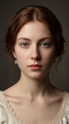 Woman with red hair and green eyes wearing pearl earrings and a lace-trimmed top