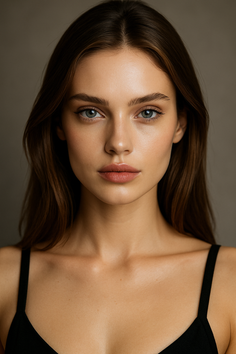 Woman with long brown hair in a black top, studio portrait