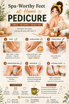 Illustration of a woman in a robe doing a pedicure with step-by-step instructions