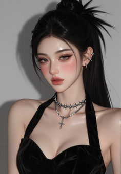 Illustration of a woman with a ponytail wearing a black dress and choker