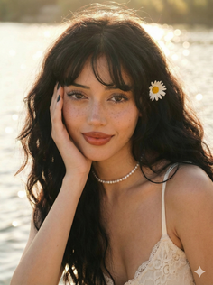 Woman with long dark hair and freckles wearing a pearl necklace and lace top