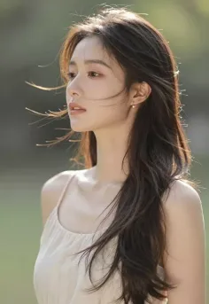 Woman with long hair in a spaghetti strap top with backlight outdoors