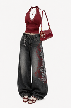 Red halter top with lace trim, baggy jeans with dragon embroidery, and red accessories