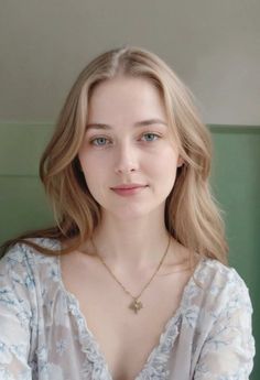 Woman with blonde hair and blue eyes wearing a floral top and necklace