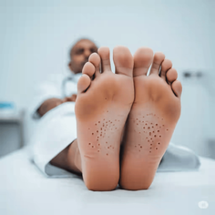 Close up of a person's feet with a skin condition on the soles in a medical setting