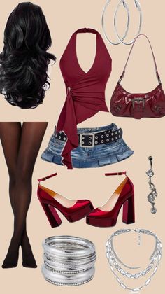 Fashion flat lay with a red halter top, denim skirt, and accessories