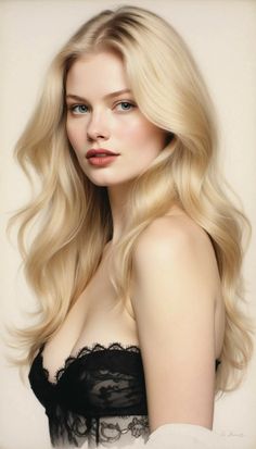 Blonde woman with long hair wearing black lace lingerie