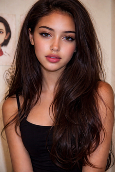 Woman with long dark hair wearing a black top, looking directly at the viewer
