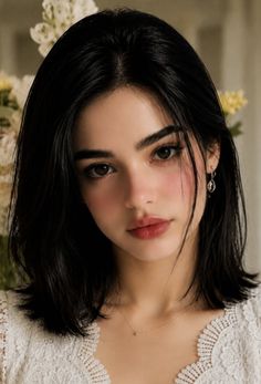 Woman with black hair and a white lace top looking directly at the viewer