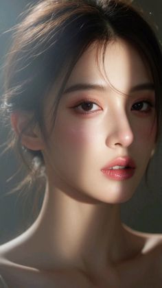 Close-up portrait of a woman with soft lighting and bare shoulders
