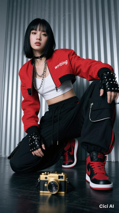 Woman in a red jacket and cargo pants crouching with a gold camera