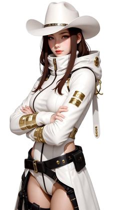 Woman in a white cowboy hat and jacket with exposed skin and gold accents