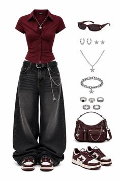 A flat lay of a maroon shirt, baggy jeans, and matching accessories