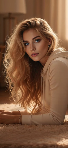Blonde woman with blue eyes wearing a hoodie, lying on a rug indoors