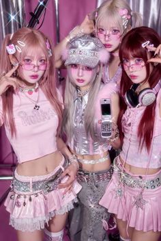 Multiple people in pink and silver y2k fashion with exposed midriffs