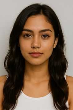 Woman with dark, wavy long hair wearing a white tank top