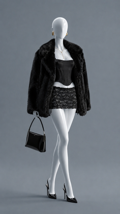 Mannequin in a black fur coat, corset, and lace skirt holding a handbag