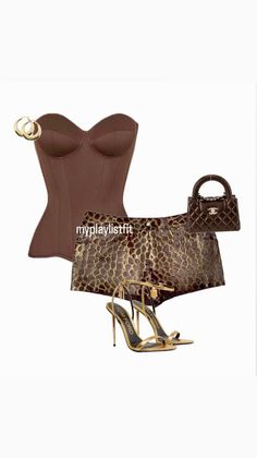Fashion flat lay featuring a brown corset, leopard print shorts, and gold accessories