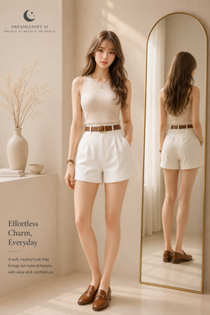 Woman in a sleeveless top and white shorts posing indoors with a mirror reflection
