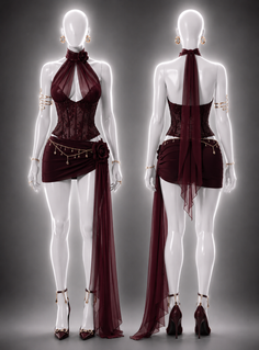 Two mannequins displaying a burgundy dress with a sheer top and gold jewelry