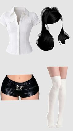Collection of clothing items including a white shirt, leather shorts, and thigh-high socks