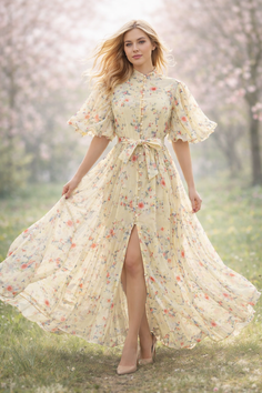 Woman in a long floral dress with a high slit and high heels outdoors