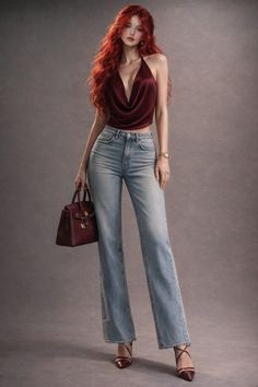 Woman with long red hair wearing a halter top and jeans, holding a handbag