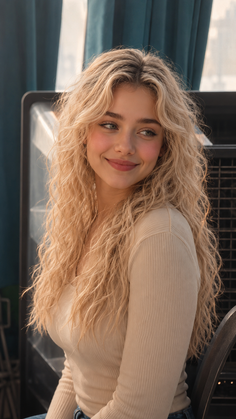 Young woman with long curly blonde hair smiling and looking to the side