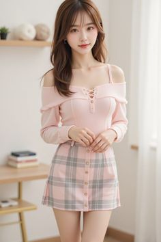 Woman with long hair wearing a pink off-shoulder top and plaid skirt indoors