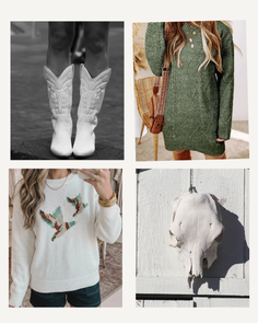 Collage of fashion items and a hanging animal skull