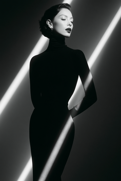 Woman in a black turtleneck with dramatic lighting and dark tone