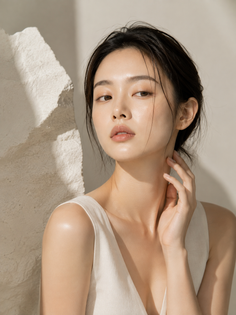 Woman in a sleeveless top with dark hair and soft lighting