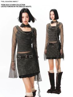 Two women in sheer tops and mini skirts with boots in a studio setting