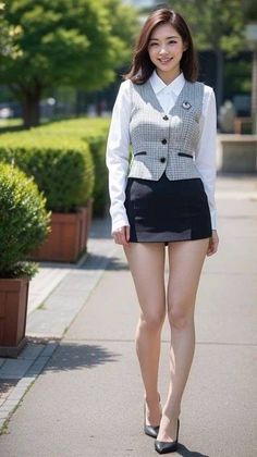 Woman in a plaid vest and mini skirt walking outdoors