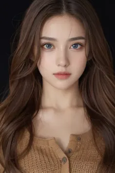 Realistic portrait of a woman with long brown hair and blue eyes