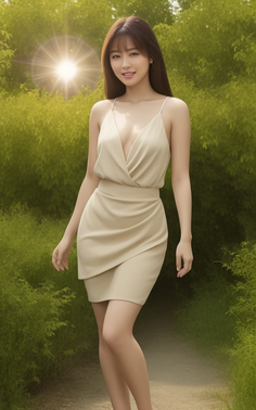 Woman in a beige dress with cleavage standing on a path surrounded by green foliage