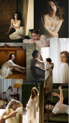 Collage of women in white dresses in various indoor settings