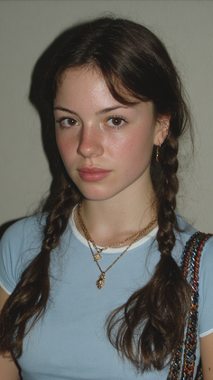 Young woman with braided brown hair wearing a blue t-shirt and gold jewelry
