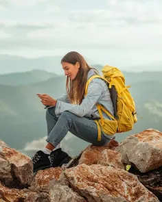 Woman with a yellow backpack sitting on rocks, looking at her phone with a mountain view
