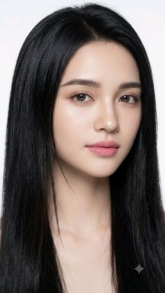 Woman with long black hair against a white background