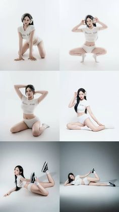 Woman in a white crop top and shorts posing in a studio
