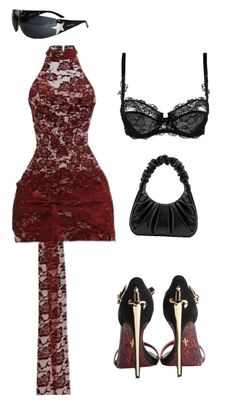 A collection of fashion items including a red lace dress and black lace bra